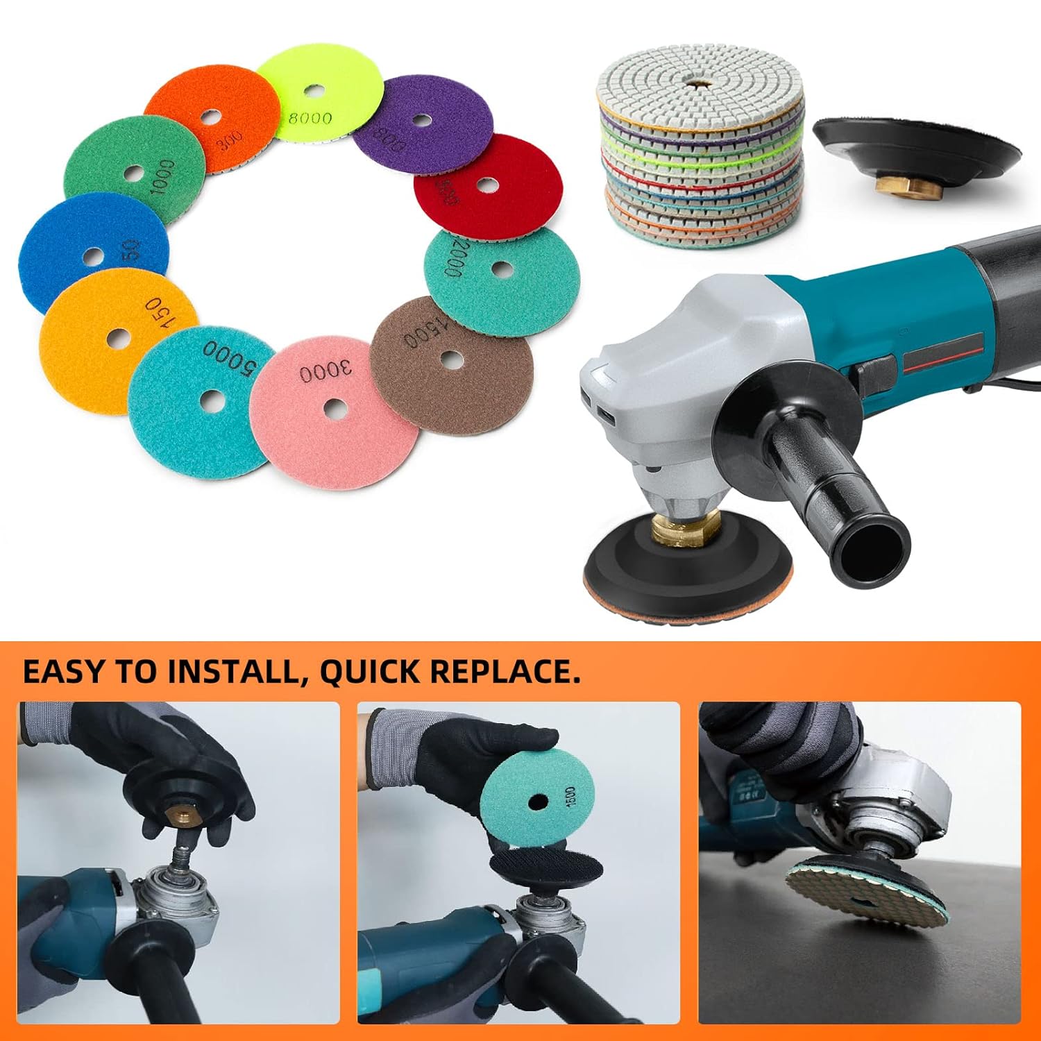 4 Inch Diamond Polishing Pads / Dry Polish Pad Kit for Drill Grinder Polisher 50-8000 Grit Pads for Quartz Countertops