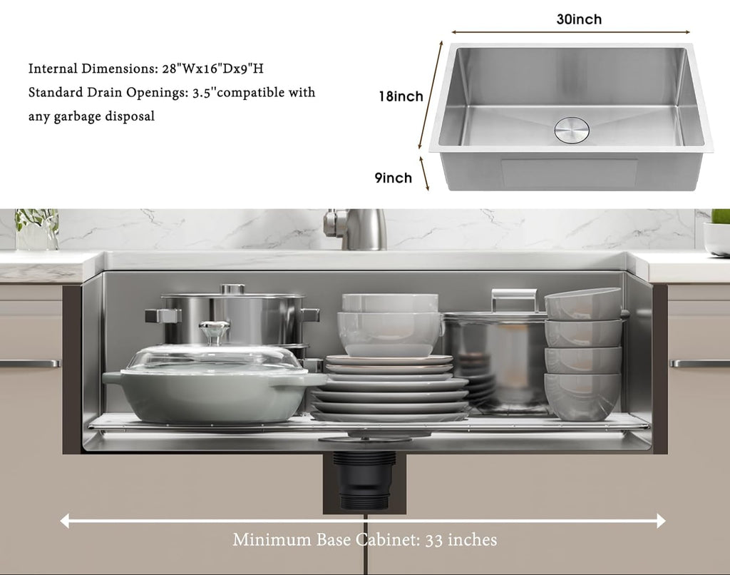 30 Inch Undermount Kitchen Sink - 18 Gauge Stainless Steel Single Bowl Kitchen Sinks 30"x18"x9" Handmade Design with Brushed, Includes Drain Kit (No Additional Accessories)