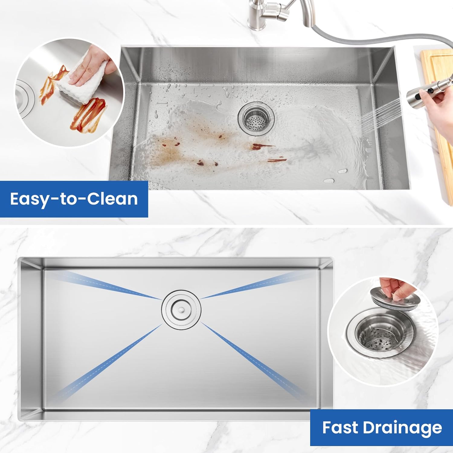 32x18 Undermount Kitchen Sink, Premium 18 Gauge Stainless Steel Handmade Modern Kitchen Sink