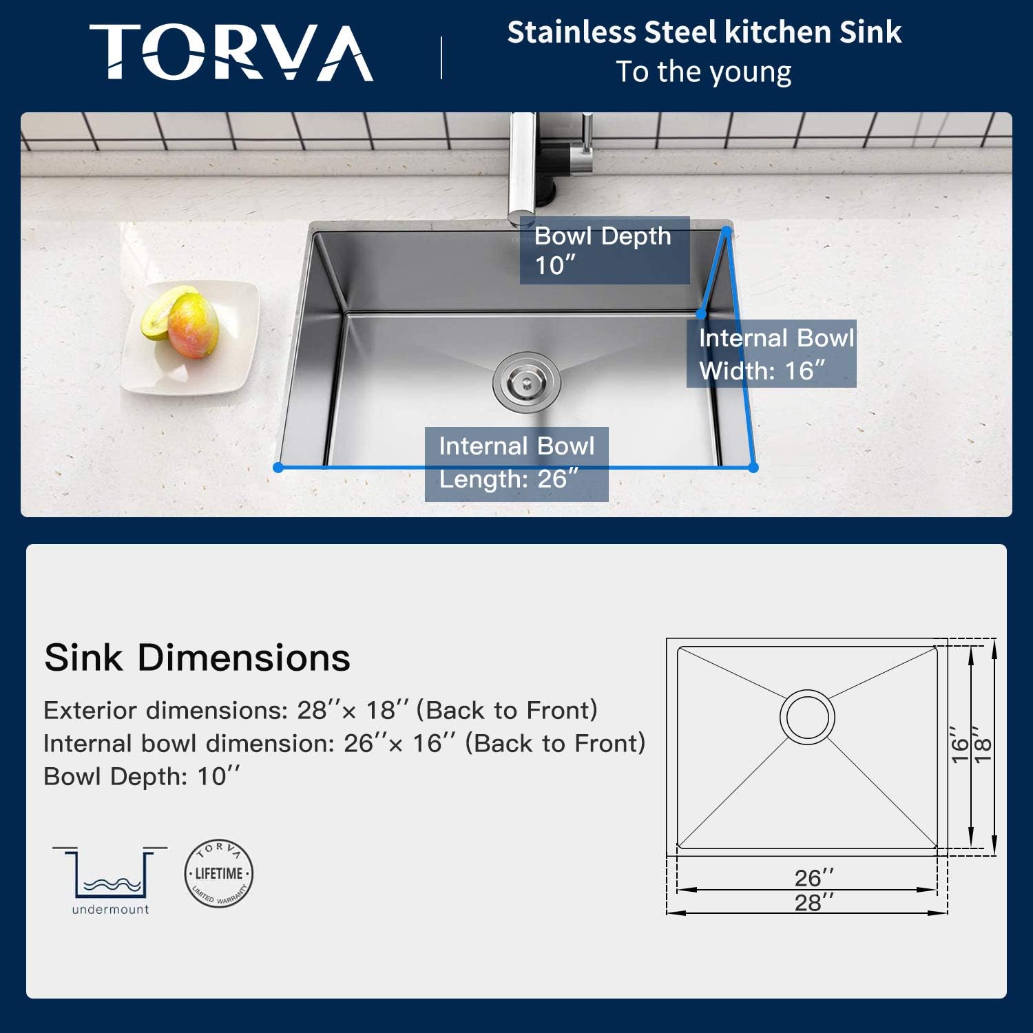 Undermount Kitchen Sink, Premium 304 Stainless Steel Bar Sink - 10 Inches Deep Basin Single Bowl Sink