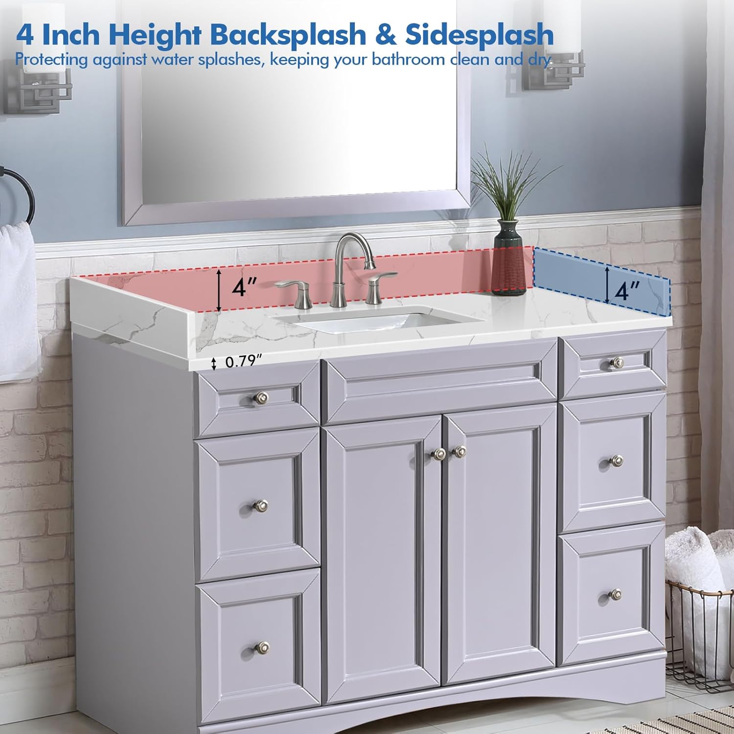 48 in.W x 22 in.D Quartz Calacatta River Vanity Top,with Undermount Single Middle Sink Vanity Top,with Two Sidesplash & One Backsplash,8 Inch Faucet Hole Spread Bathroom Vanity Sink Countertop