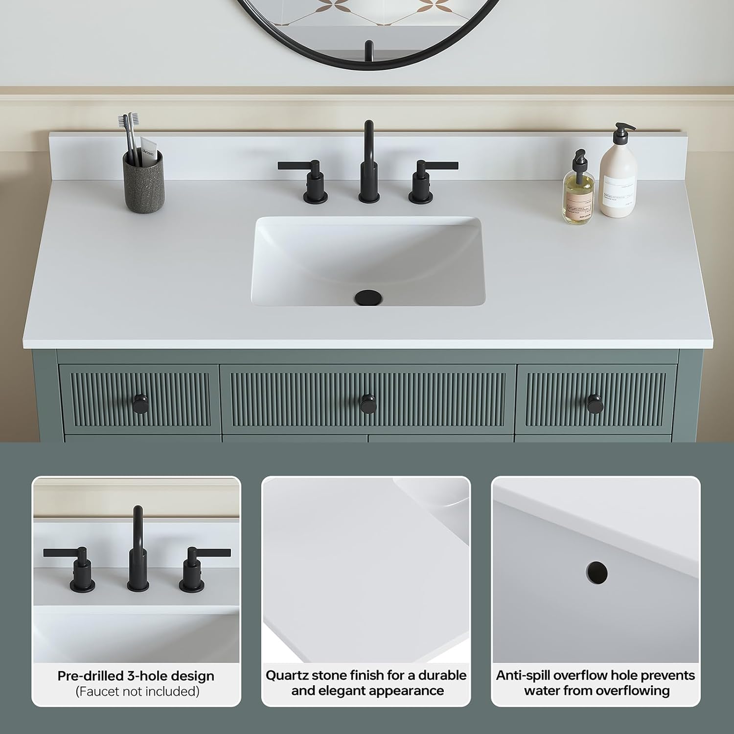 49"x22" Quartz Bathroom Vanity Top with Undermount Ceramic Sink, Bathroom Vanity Sink Top with 8" Faucet Hole, Vanity Top with Sink, 4" Backsplash, Snow White (Not Included Faucet)