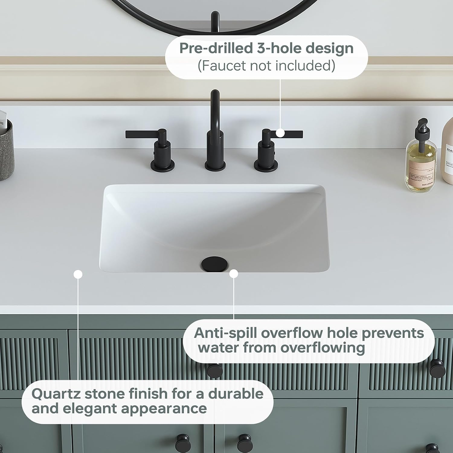49"x22" Quartz Bathroom Vanity Top with Undermount Ceramic Sink, Bathroom Vanity Sink Top with 8" Faucet Hole, Vanity Top with Sink, 4" Backsplash, Snow White (Not Included Faucet)