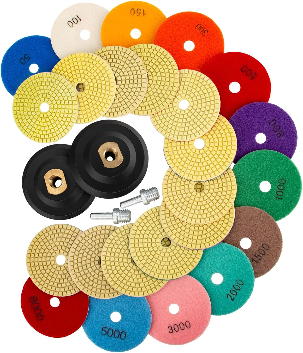14 Pack 4 Inch Diamond Polishing Pads Kit with 2PCS 5/8’’-11 Backer Pad 12PCS Wet/Dry Polish Pad Set for Drill Grinder Polisher 50-8000 Grit Pads for Granite Marble Stone Concrete Countertop Quartz