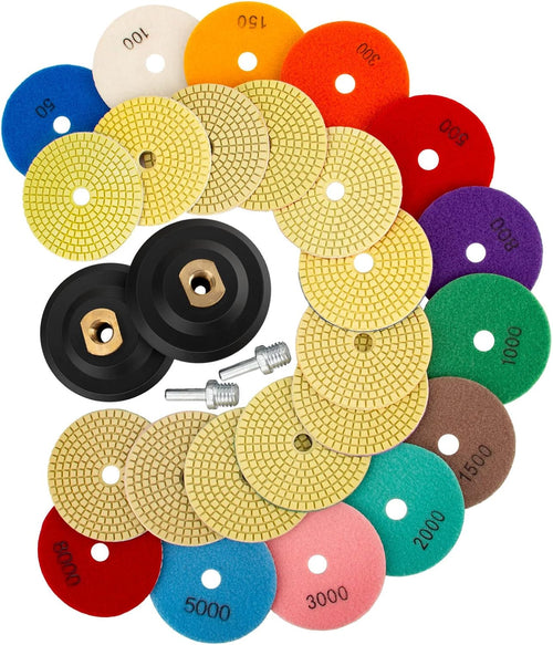 14 Pack 4 Inch Diamond Polishing Pads Kit with 2PCS 5/8’’-11 Backer Pad 12PCS Wet/Dry Polish Pad Set for Drill Grinder Polisher 50-8000 Grit Pads for Granite Marble Stone Concrete Countertop Quartz