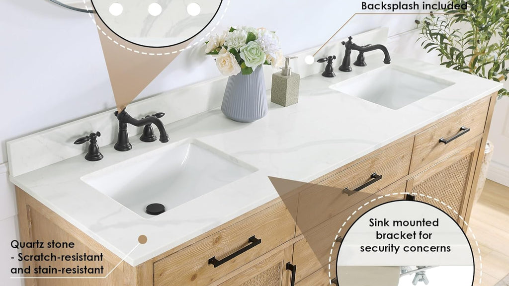 72" Quartz Stone Vanity Top in Calacatta White with White Sink