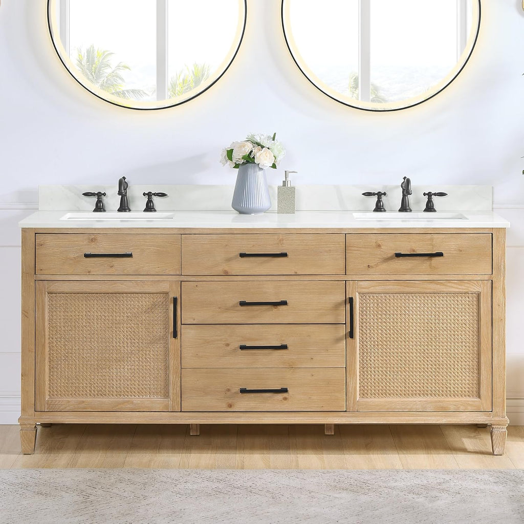 72" Quartz Stone Vanity Top in Calacatta White with White Sink