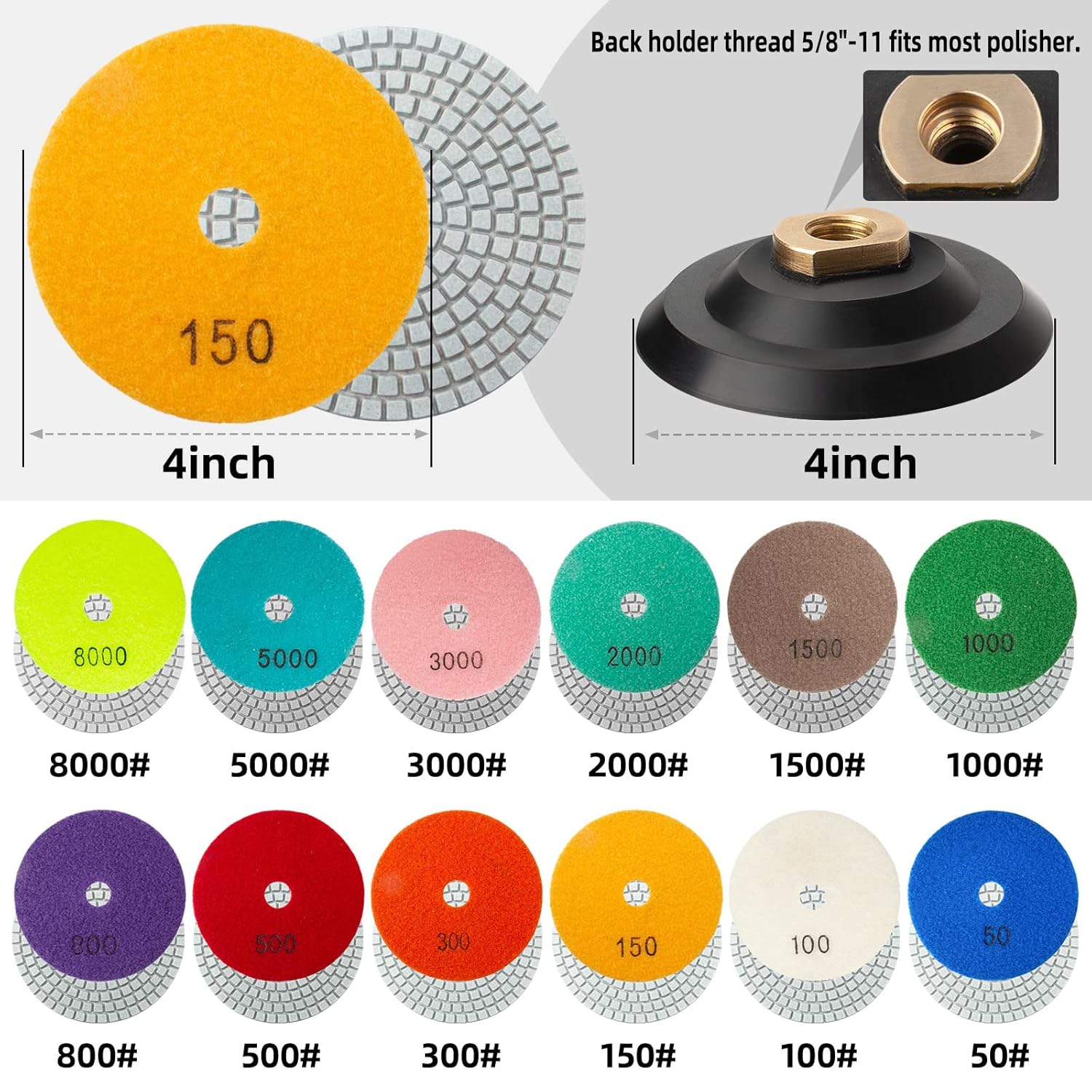4 Inch Diamond Polishing Pads / Dry Polish Pad Kit for Drill Grinder Polisher 50-8000 Grit Pads for Quartz Countertops