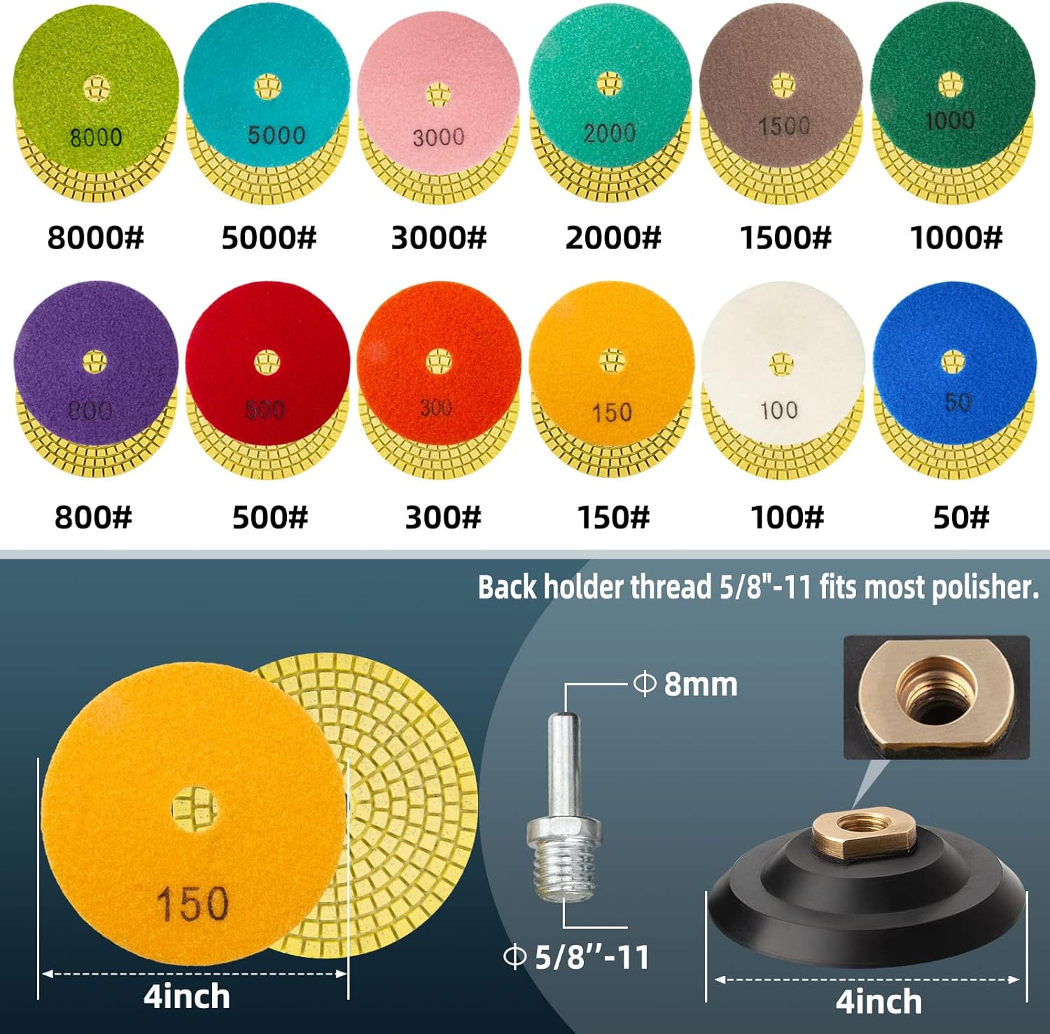 14 Pack 4 Inch Diamond Polishing Pads Kit with 2PCS 5/8’’-11 Backer Pad 12PCS Wet/Dry Polish Pad Set for Drill Grinder Polisher 50-8000 Grit Pads for Granite Marble Stone Concrete Countertop Quartz