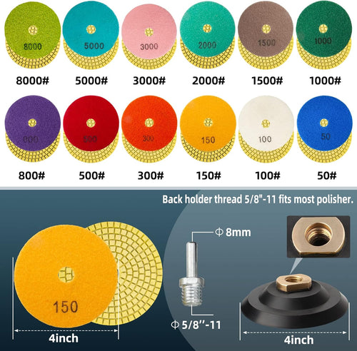 14 Pack 4 Inch Diamond Polishing Pads Kit with 2PCS 5/8’’-11 Backer Pad 12PCS Wet/Dry Polish Pad Set for Drill Grinder Polisher 50-8000 Grit Pads for Granite Marble Stone Concrete Countertop Quartz