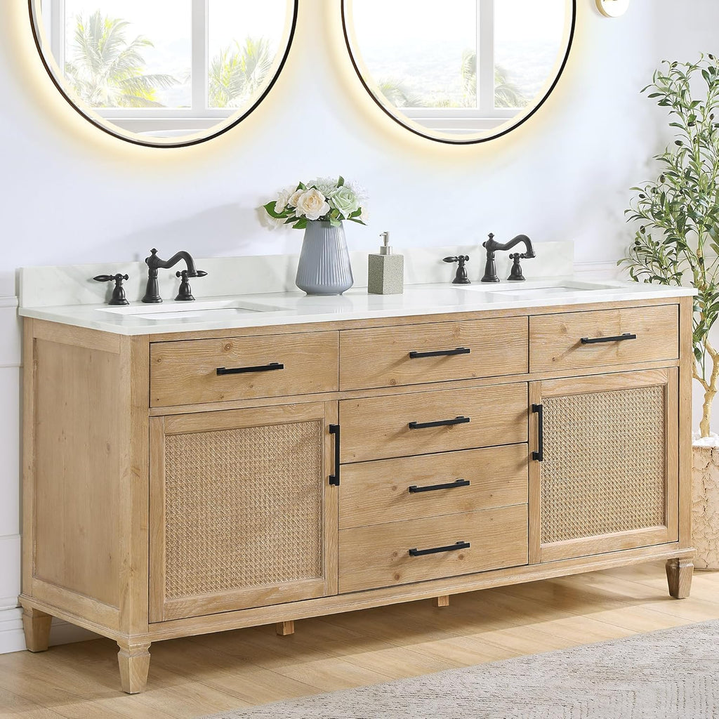 72" Quartz Stone Vanity Top in Calacatta White with White Sink